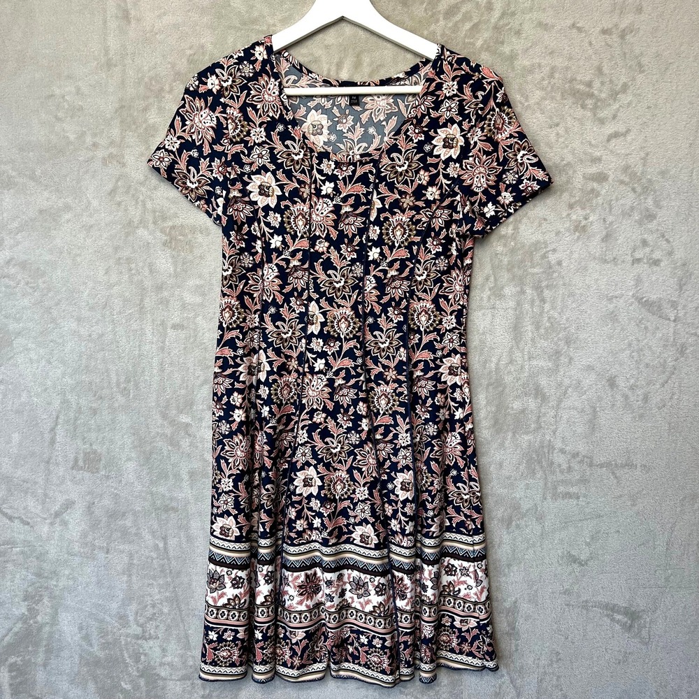 Sami & Jo Dress Womens Size PM Pink Blue Floral Pleated Cottagecore Short Sleeve